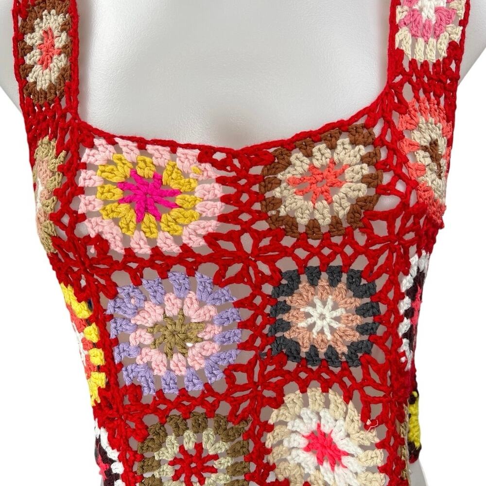 Red Crochet Granny Floral Hollow Out Festival Boho Square Crop Tank Top Size M - Picture 3 of 3